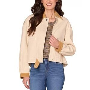 Democracy Womens Cream Corduroy Trimmed Bomber Jacket Size XLP